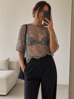 Zara Sheer Floral Lace Short-Sleeve Top - Black on White